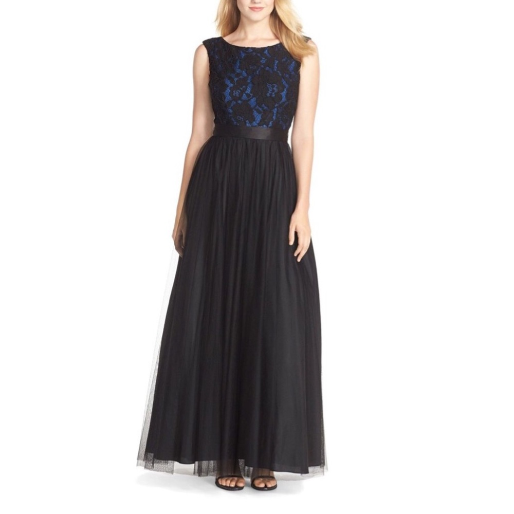 Black and Blue Overlay Lace Tulle Maxi Dress